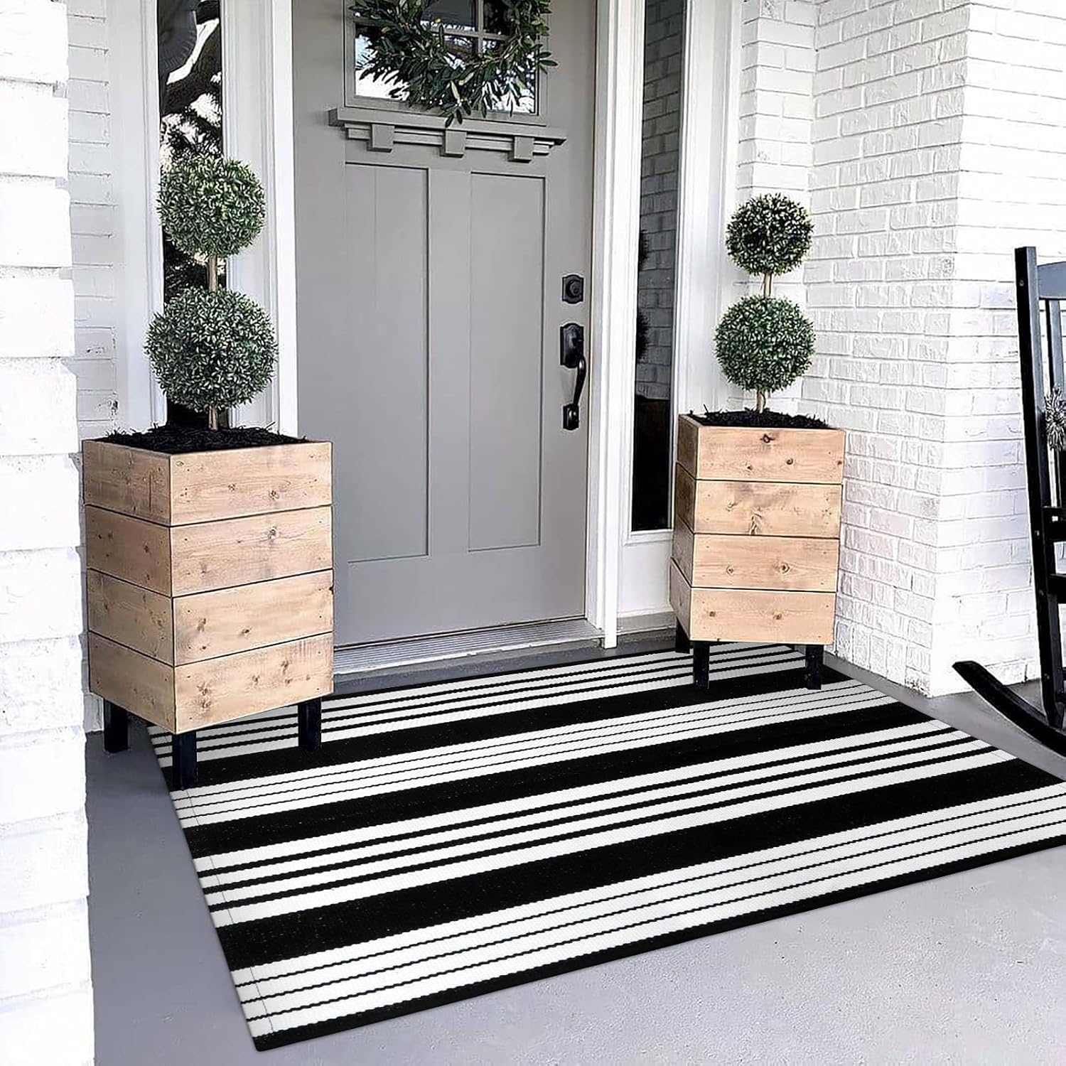 OJIA Black and White Outdoor Rug 3 x 5 ft Cotton Hand-Woven Striped Porch Rug Ma...