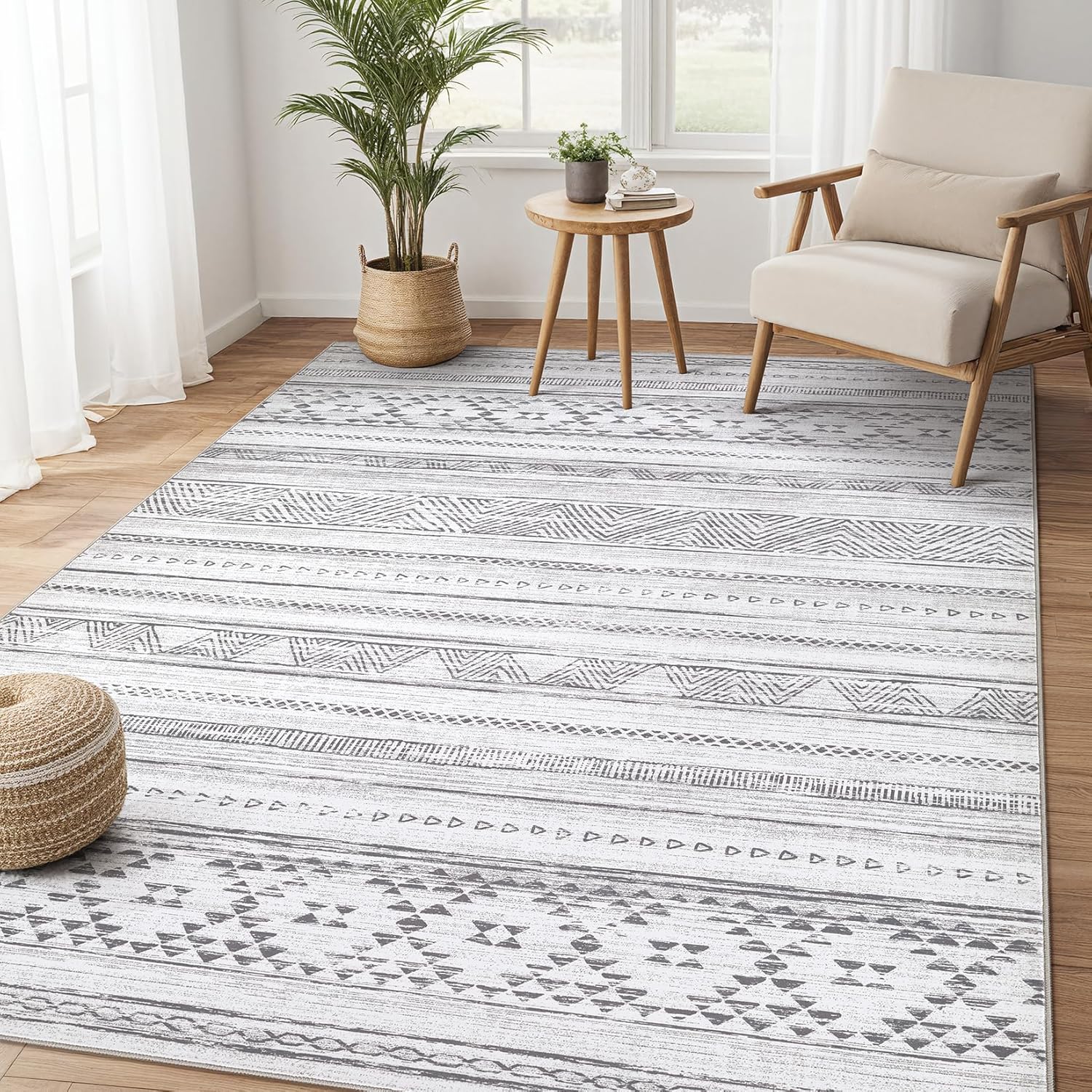 5x7 Area Rug Living Room Rugs - Washable Large Soft Boho Neutral Geometric Moroc...
