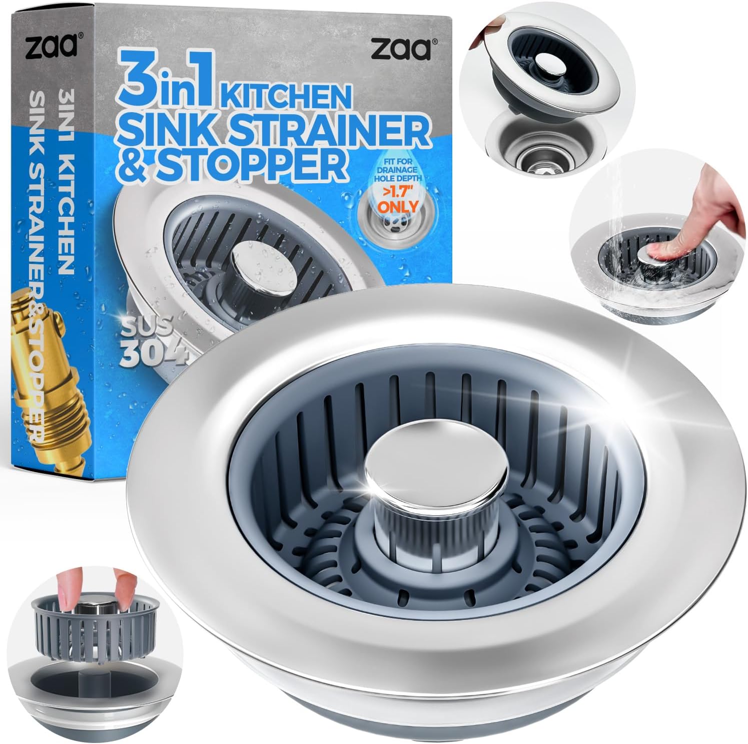 Upgraded 3in1 Kitchen Sink Drain Strainer & Sink Stopper, Stainless Steel Kitche...