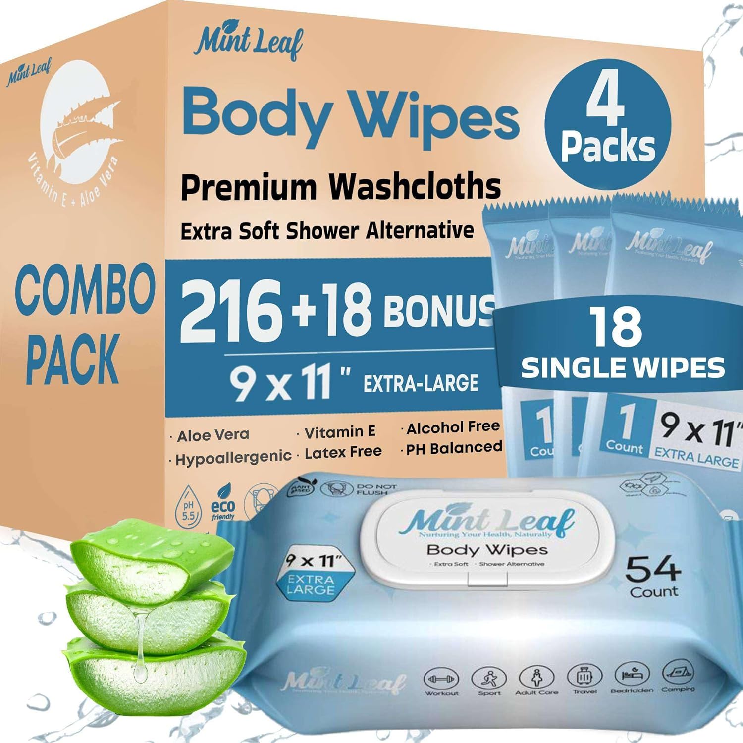 XL Deodorizing Body Wipes, Special Cleansing Shower Wipes with Vitamin E Aloe Sc...