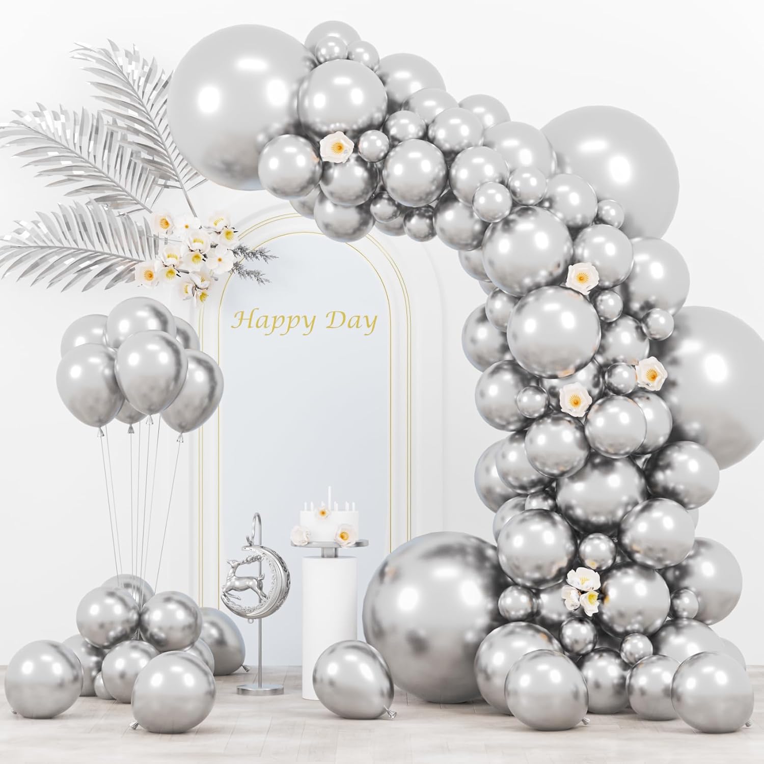 130pcs Metallic Silver Balloons Different Sizes 18" 12" 10" 5" Chrome Silver Bal...
