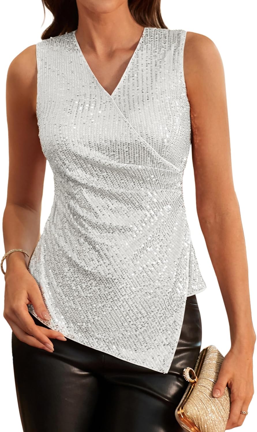 GRACE KARIN Women Sequin Tops Elegant V-Neck Tank Tops Sleeveless Glitter Tops P...