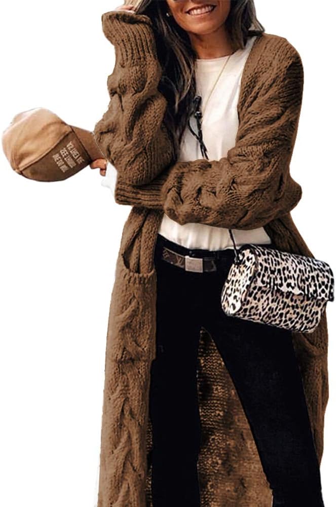 ZIWOCH Women's Long Cardigan Coats Cable Knit Casual Open Front Long Sleeve Loos...