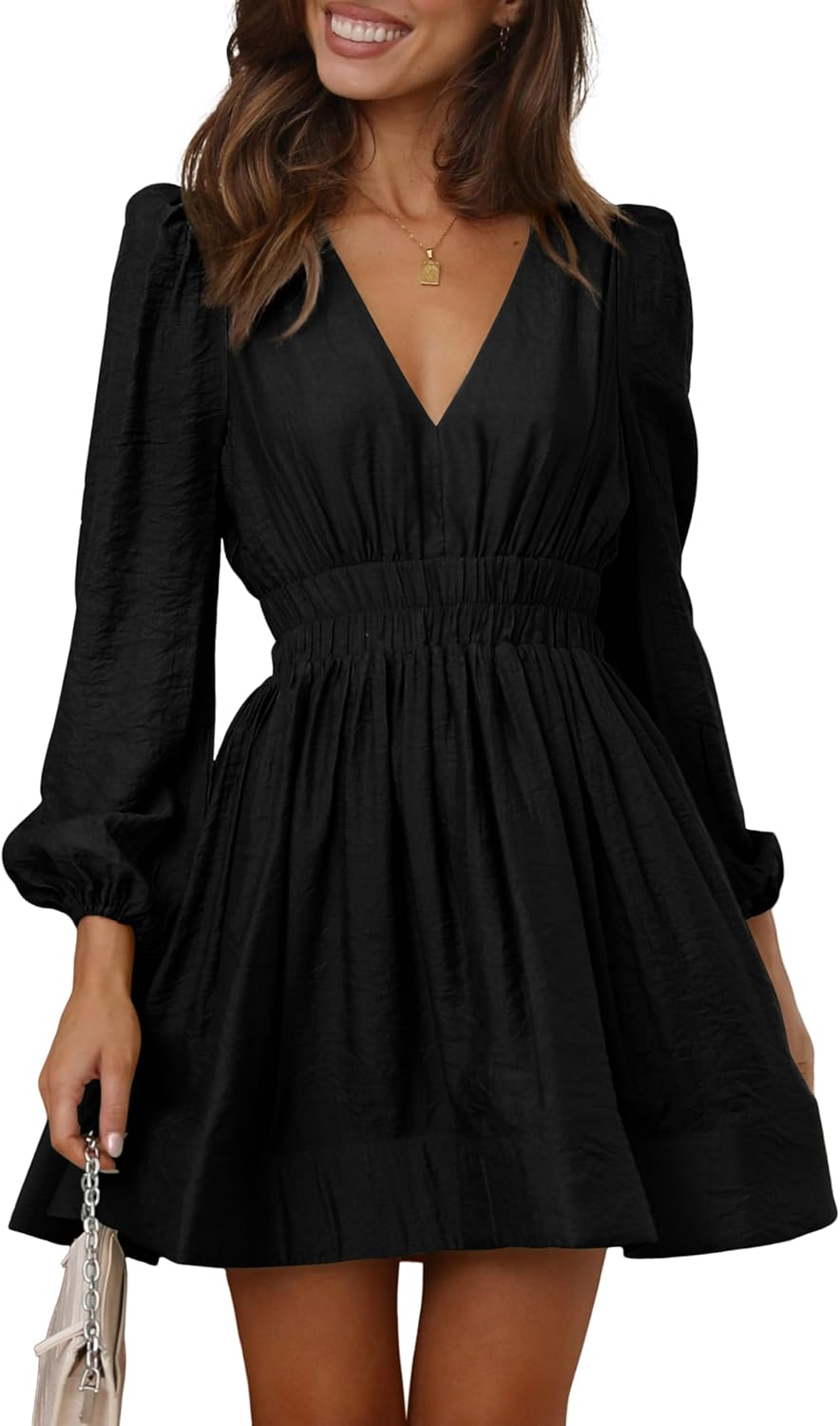 BWQ Women Mini Dress Long Sleeve Deep V Sexy Dress A-line Elastic High Waisted F...