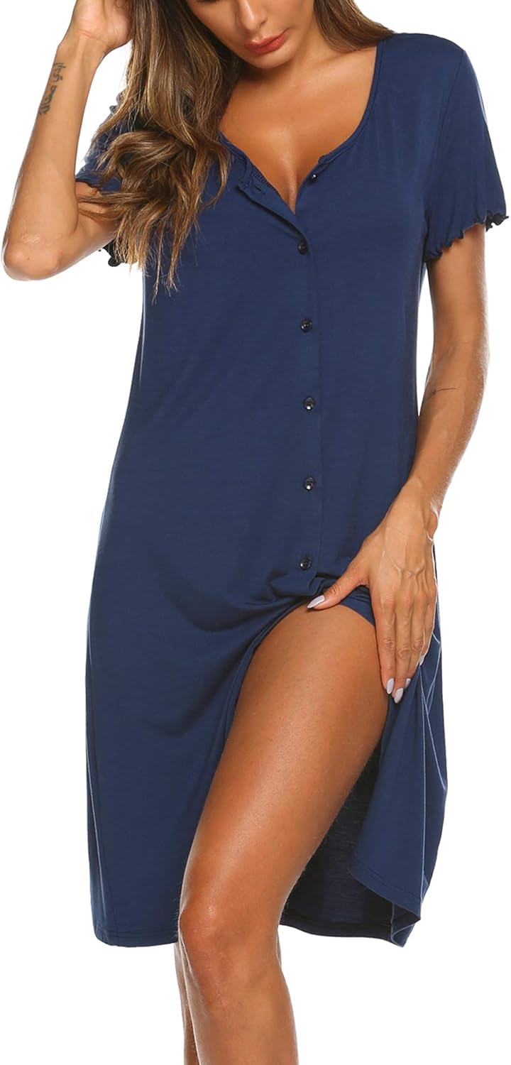 Ekouaer V-Neck Women's Nightshirt, Special Button Down Nightgown, Innovative Sho...