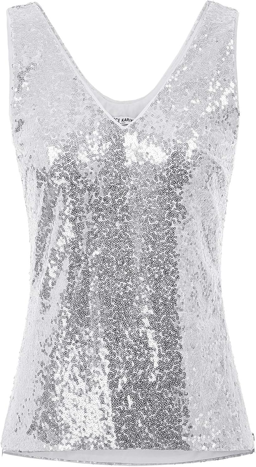 GRACE KARIN Women's Sleeveless Sparkle Sequin Tops, Special V-Neck Cami Sexy Clu...