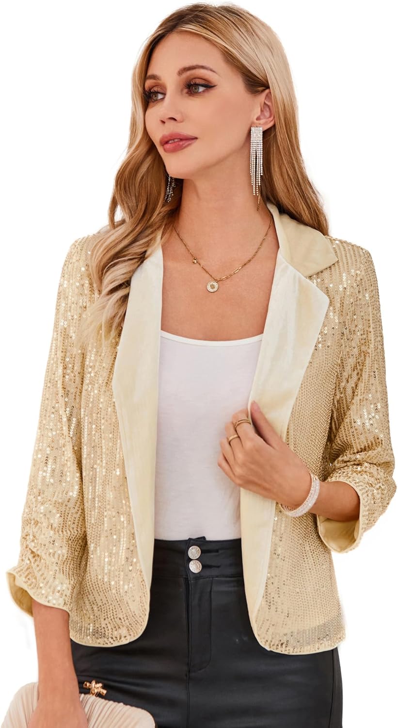 GRACE KARIN Women Open Front Sequin Blazer Jackets 3/4 Sleeve Notch Lapel Collar...