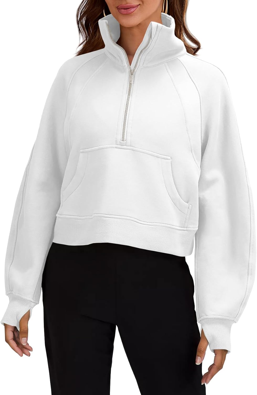 Womens Sweatshirts Half Zipper Crop Pullover Funnel Neck Fleece Lined Zip Up Lon...