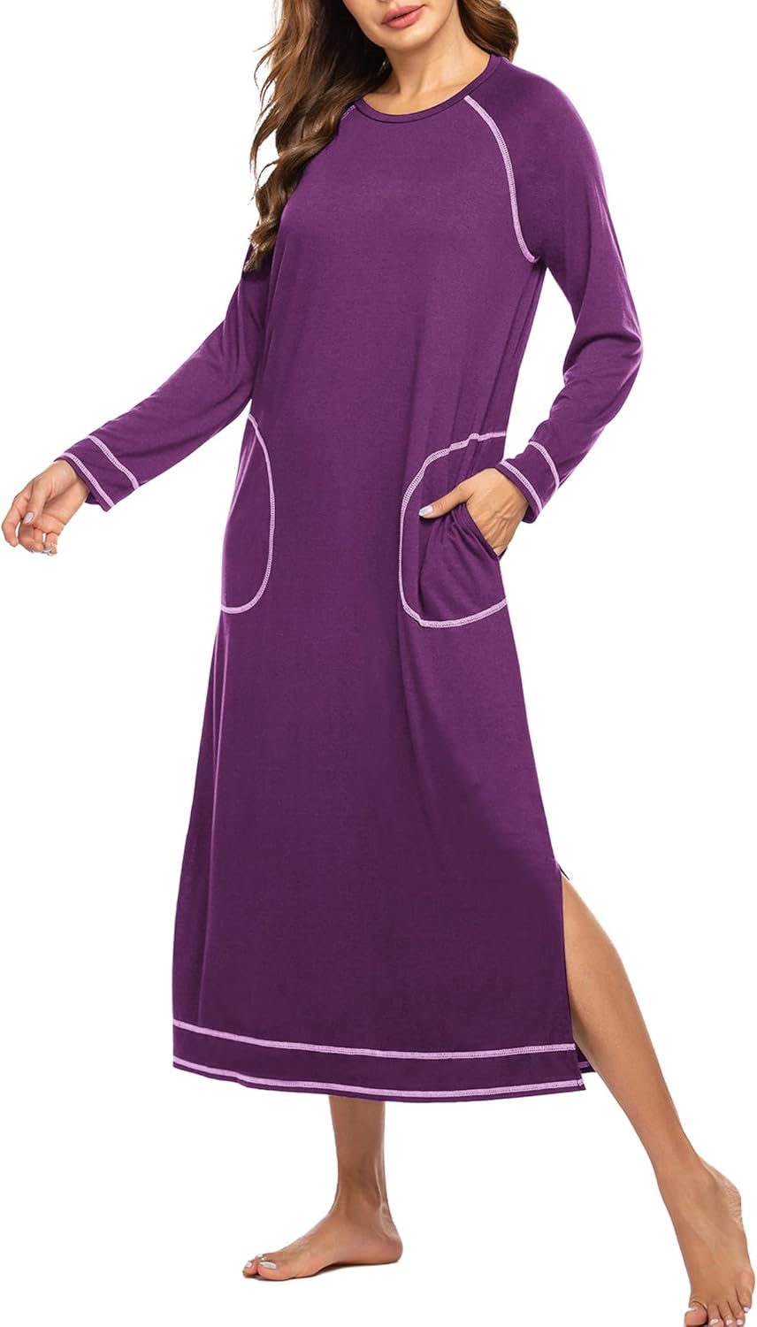 Ekouaer Women's Nightshirt, Special Long Sleeve Nightgown, Unique Round Neck Sle...