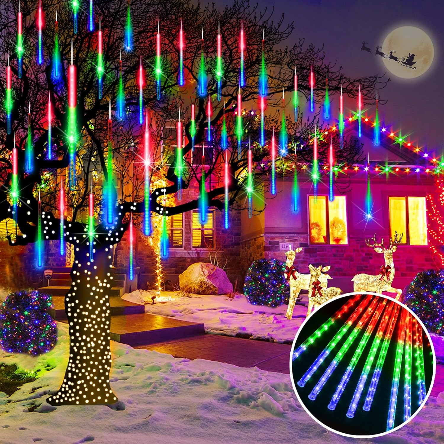 KNONEW Meteor Shower Lights 15 inch 24 Tubes 672 LED Christmas String Lights Plu...