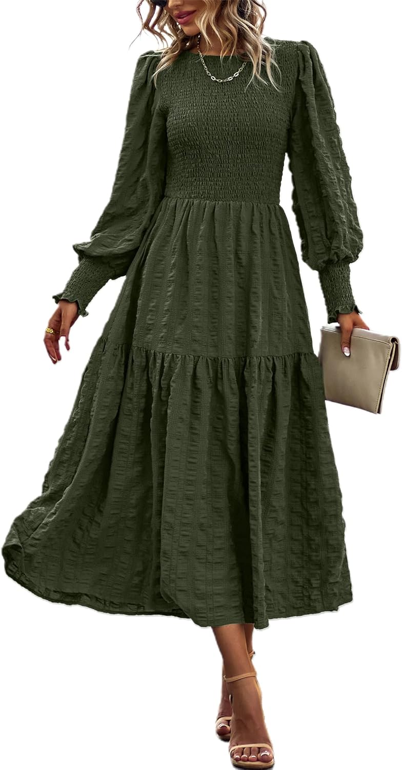 PRETTYGARDEN Women's Dress, Special Puff Long Sleeve Crewneck Dress, Stylish Max...