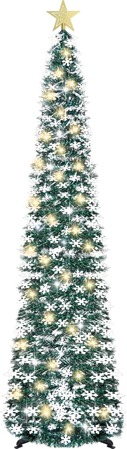 HMASYO 5FT Pop Up Christmas Tree, Special Tinsel Christmas Tree with Timer 50 Li...