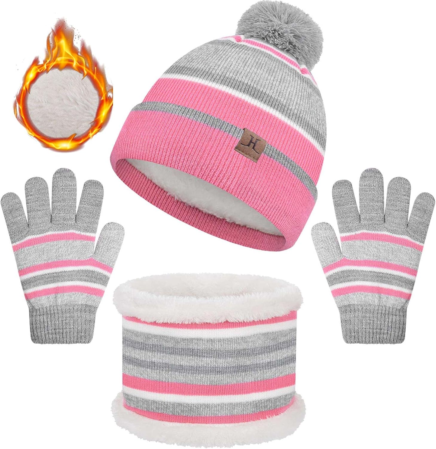 Yuson Girl 3 Pcs Kids Winter Stripe Knitted Bobble Beanie Hat Snood Scarf Gloves...