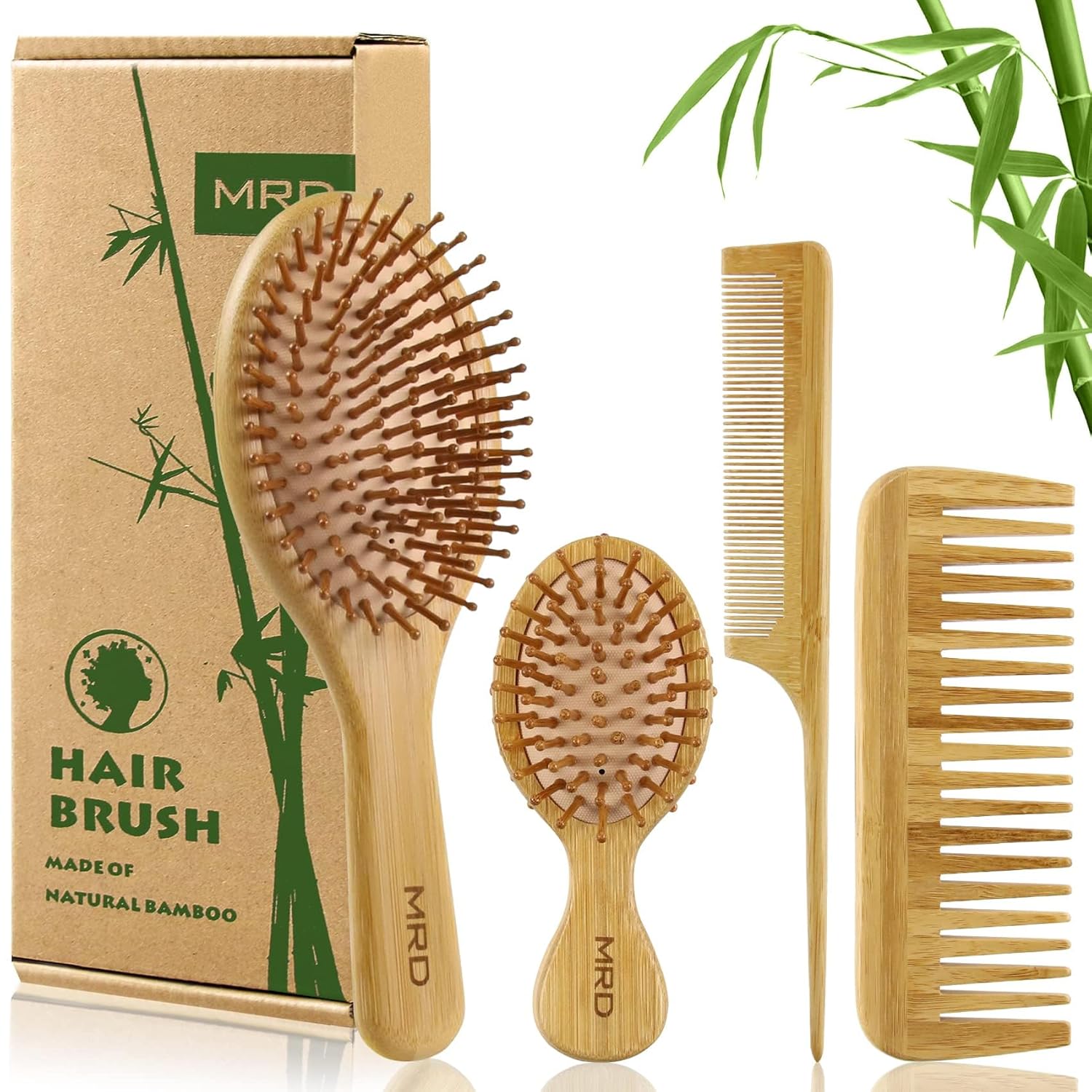 MRD Hair Brush Set, Natural Bamboo Comb Paddle Detangling Hairbrush, Wide-tooth...