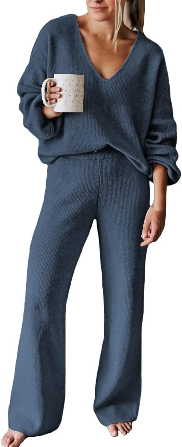 Fixmatti Women 2 Piece Knit Set Long Sleeve Pullover Sweater Top Wide Leg Pant S...