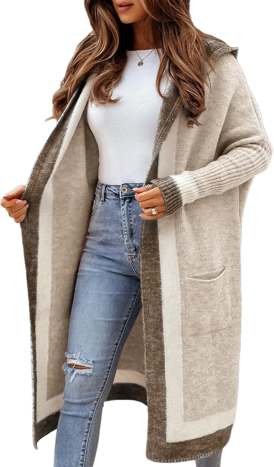 Yimoon Cardigan Sweater for Women Color Block Open Front Hooded Long Cardigan Ov...