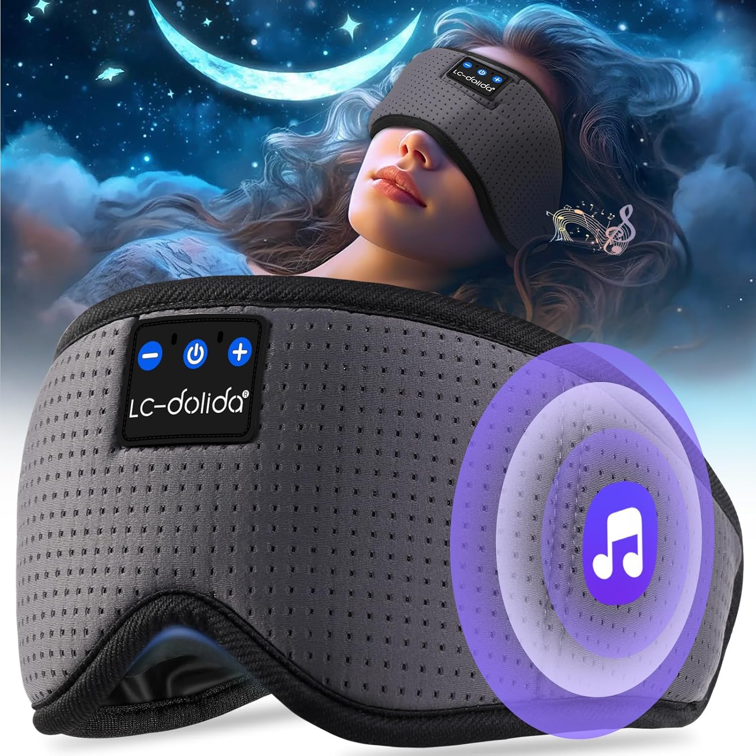 LC-dolida Bluetooth Sleep Mask Headphones,200% Blackout 6A Ice Silk Eye Mask wit...
