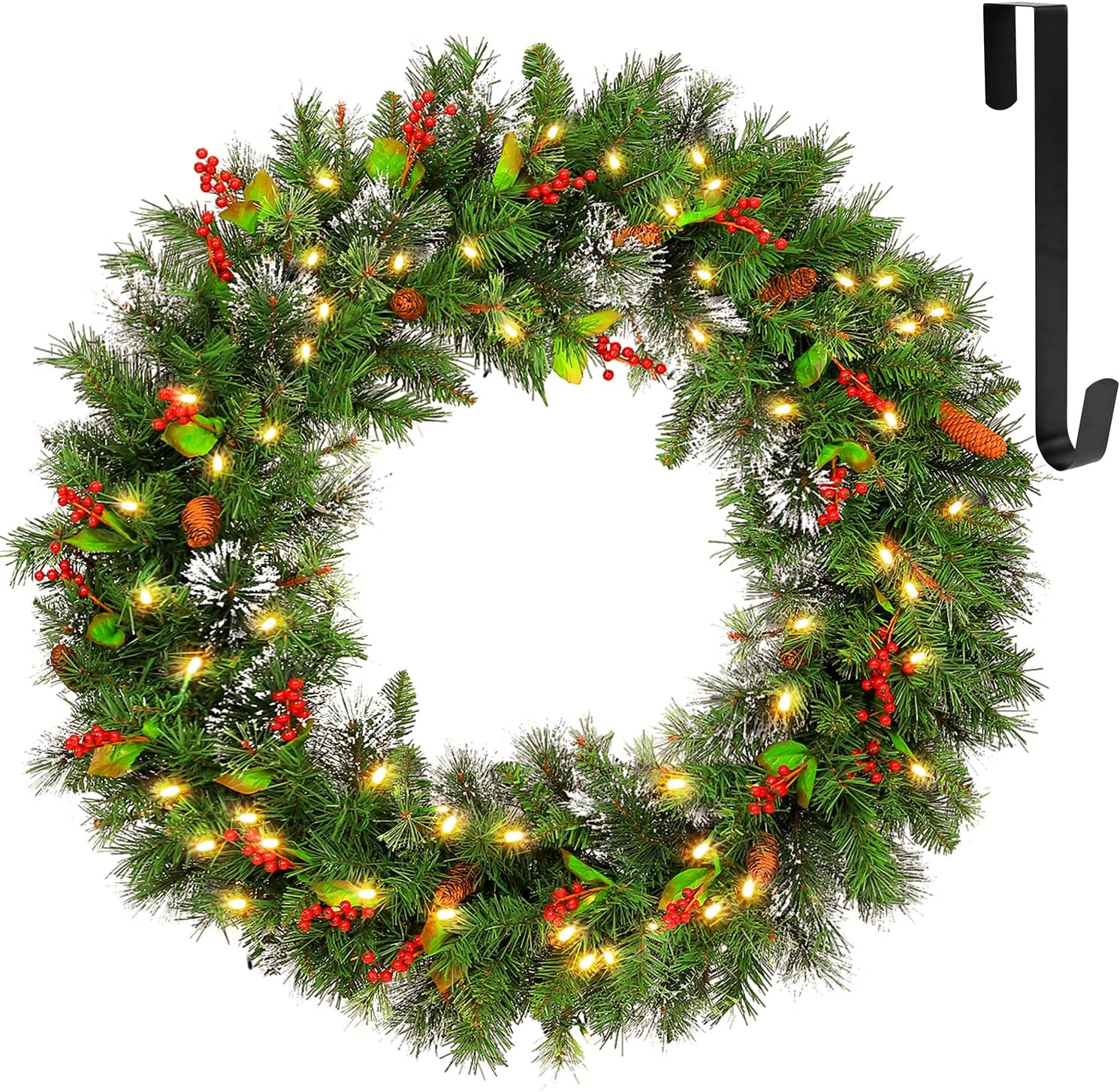 Hykolity 36 in. Pre-Lit Christmas Wreath Wintry Pine with 150 Warm White LED Lig...