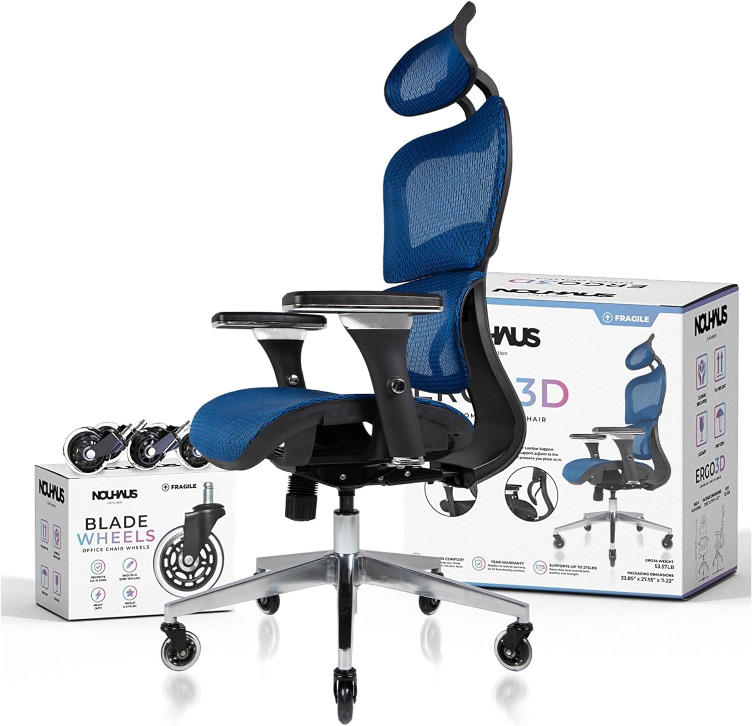 Nouhaus Ergo3D Ergonomic Office Chair Lumbar Support Mesh Office Chair with 4D A...