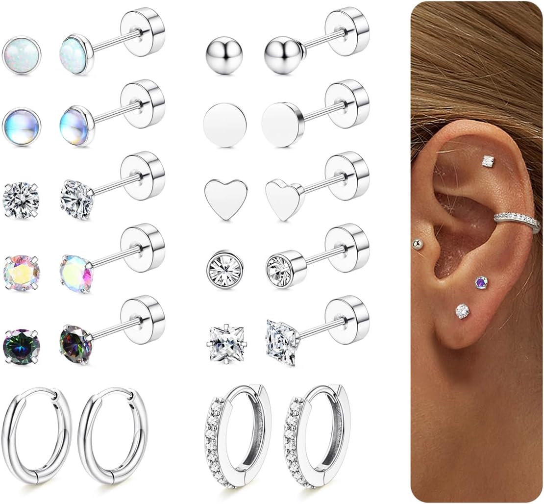 JeweBella 12 Pairs Hypoallergenic Flat Back Earrings for Women Men Silver/Gold S...