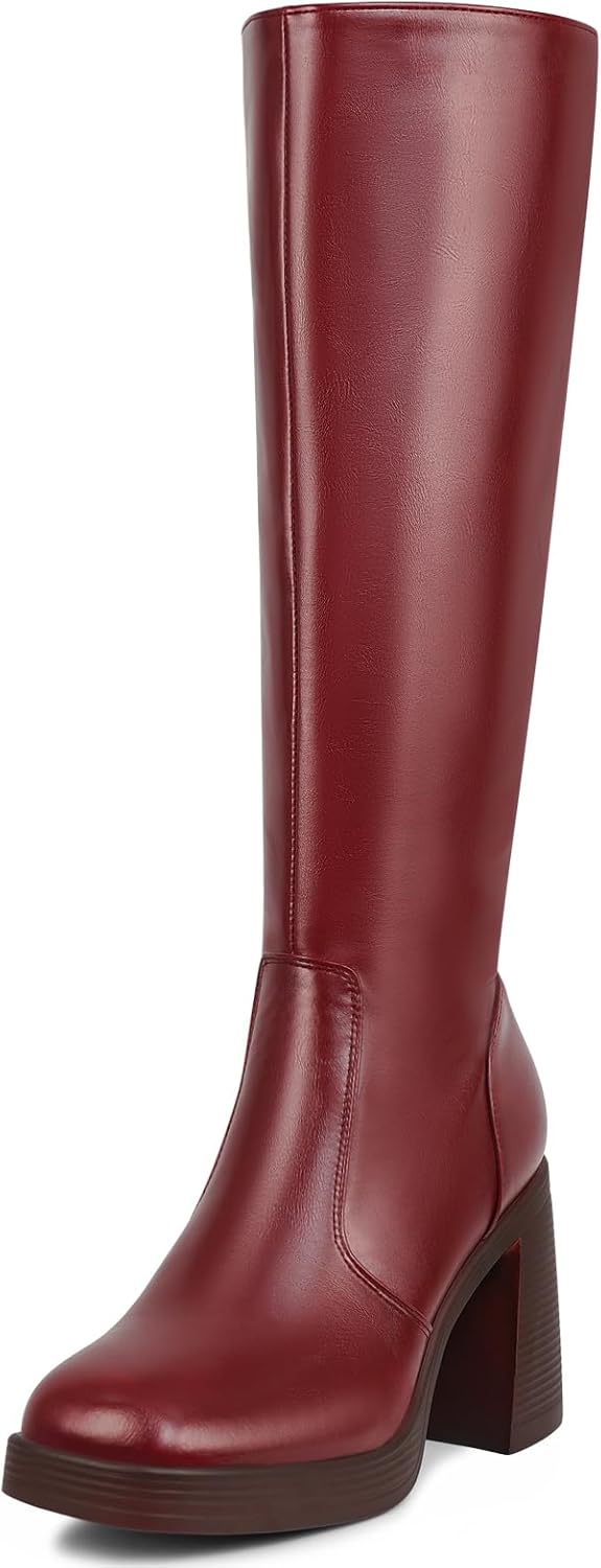 SOVANYOU Black Leather Boots Platform Boots for Women Square Toe Chunky Block He...