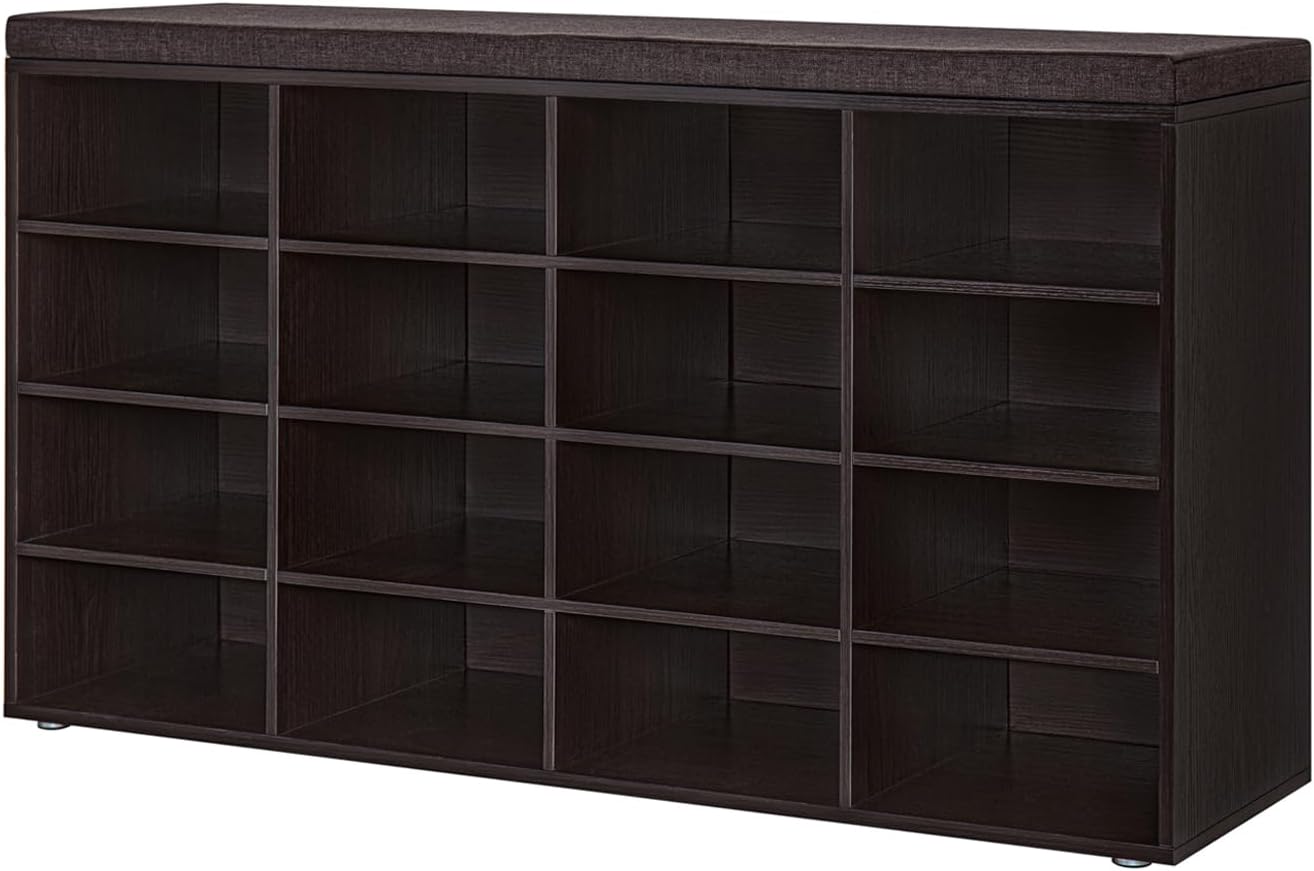 DINZI LVJ Shoe Storage Bench with Cushion, 16-Cubby Shoe Rack, Adjustable Shelve...