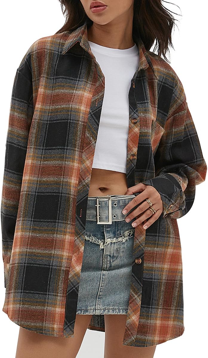 CHYRII Womens Button Down Flannel Shirts, Special Plaid Shackets for Business Ca...