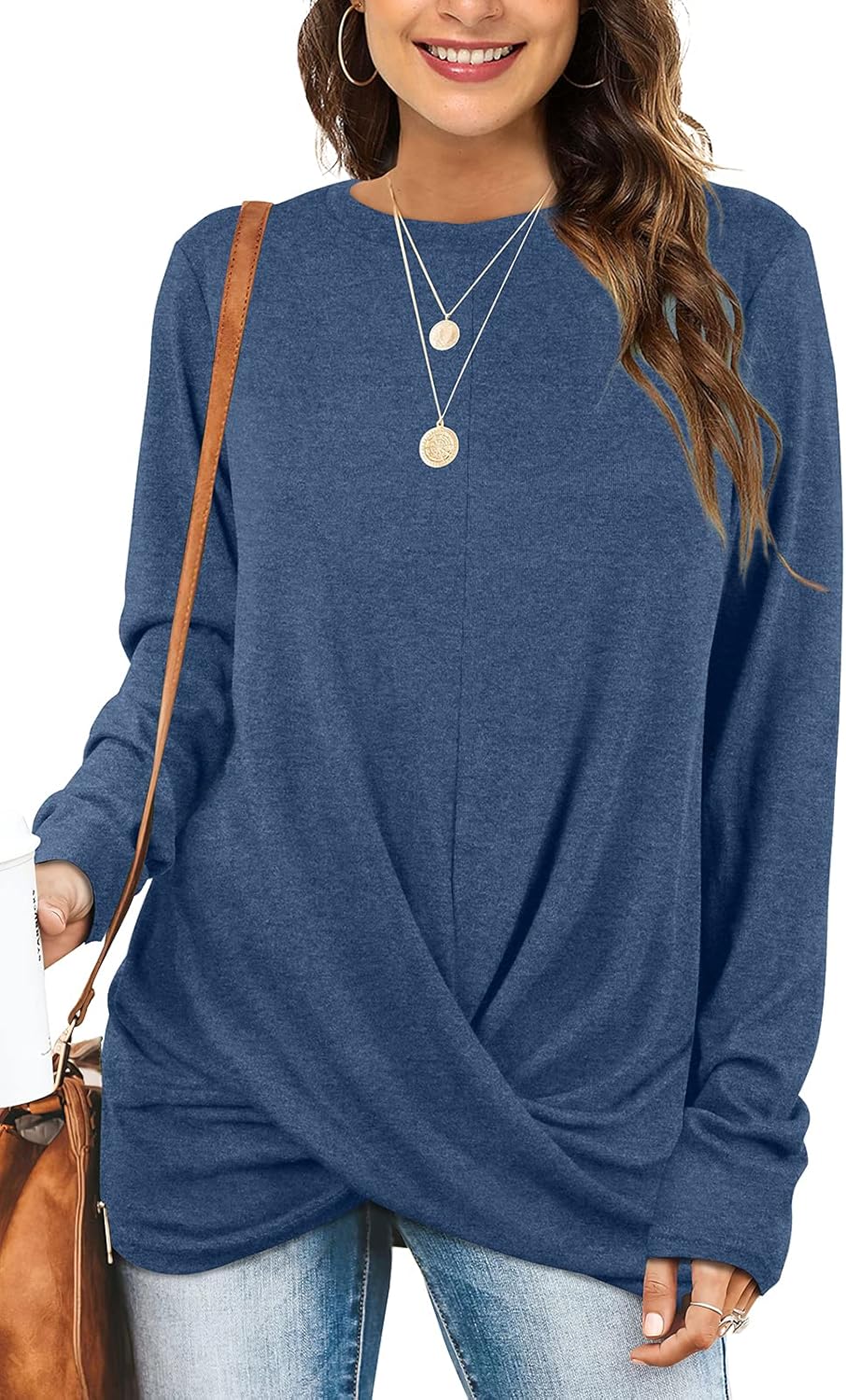 Jescakoo Tunic Tops For Leggings For Women Twist Front Long Sleeve Crew Neck Shi...