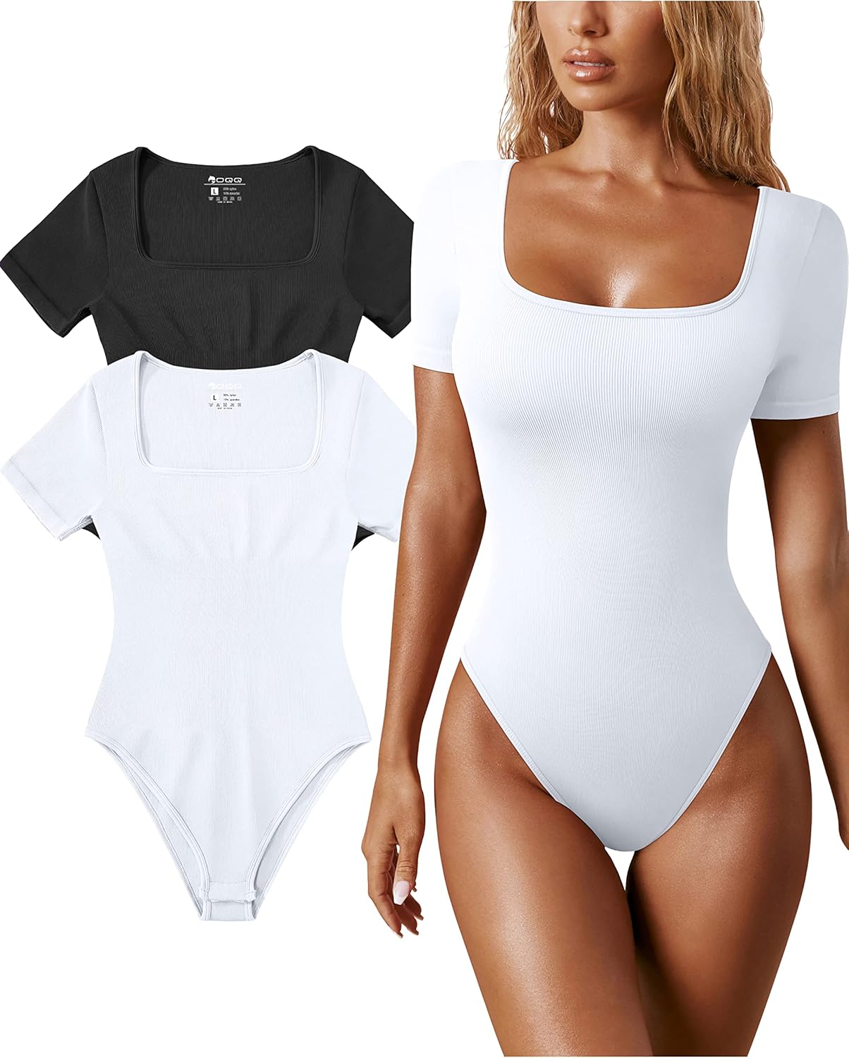 OQQ Women's 2 Piece Bodysuits Sexy Ribbed One Piece Square Neck Short Sleeve Bod...