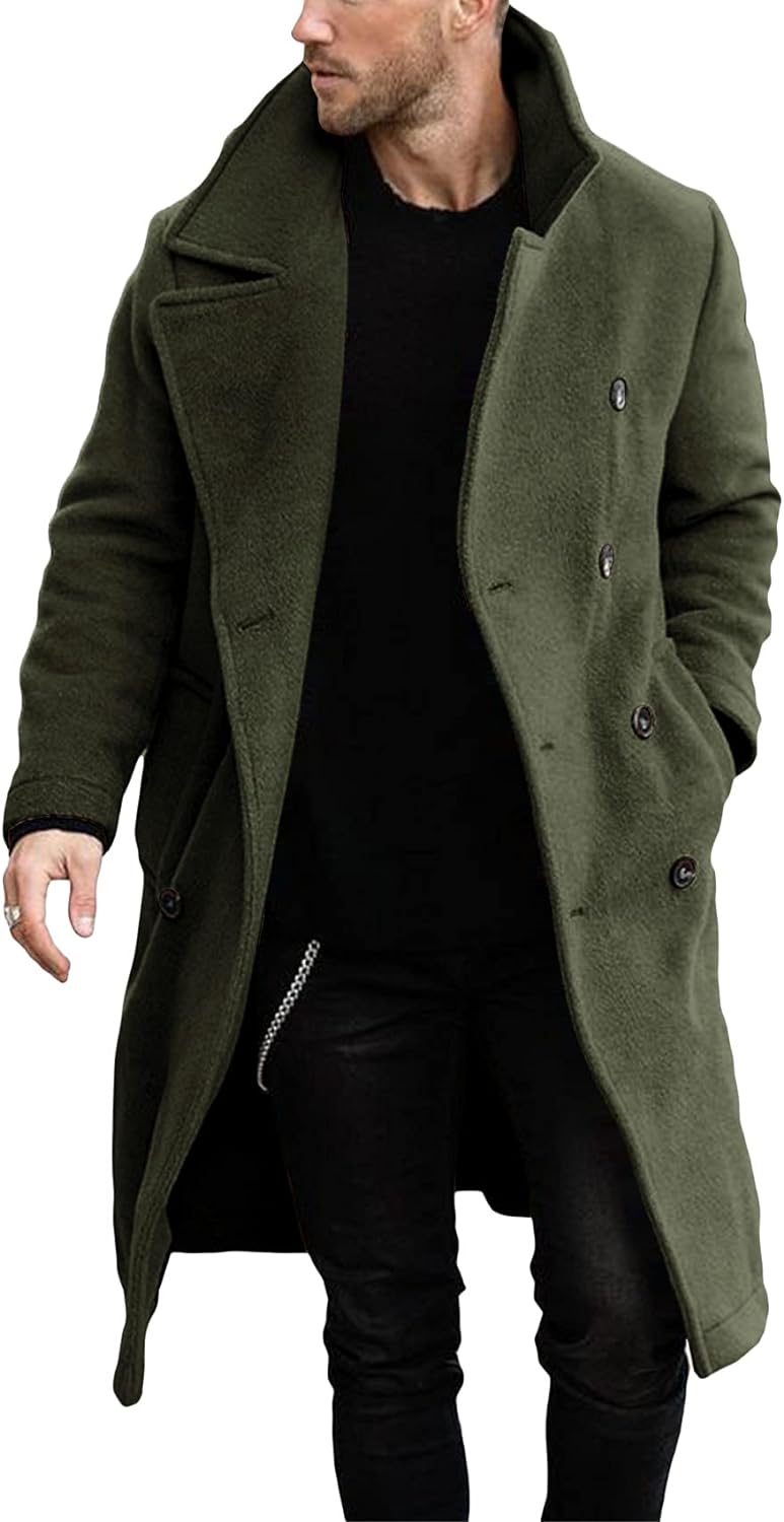 Makkrom Mens Double Breasted Trench Coat Casual Lapel Collar Business Winter Lon...