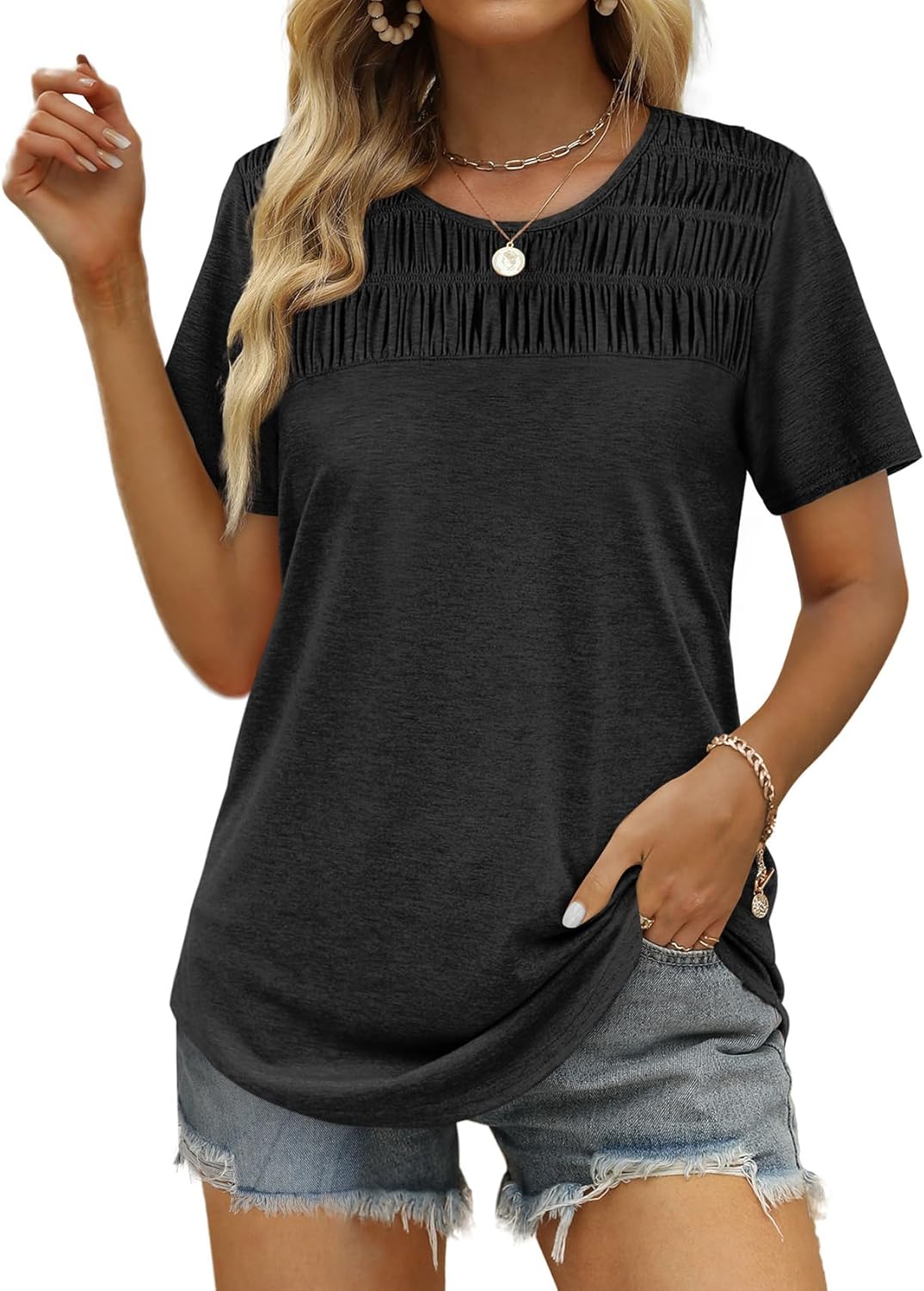 OFEEFAN Women's Summer Tops, Trendy Short Sleeve Shirts for 2024, Special Smocke...