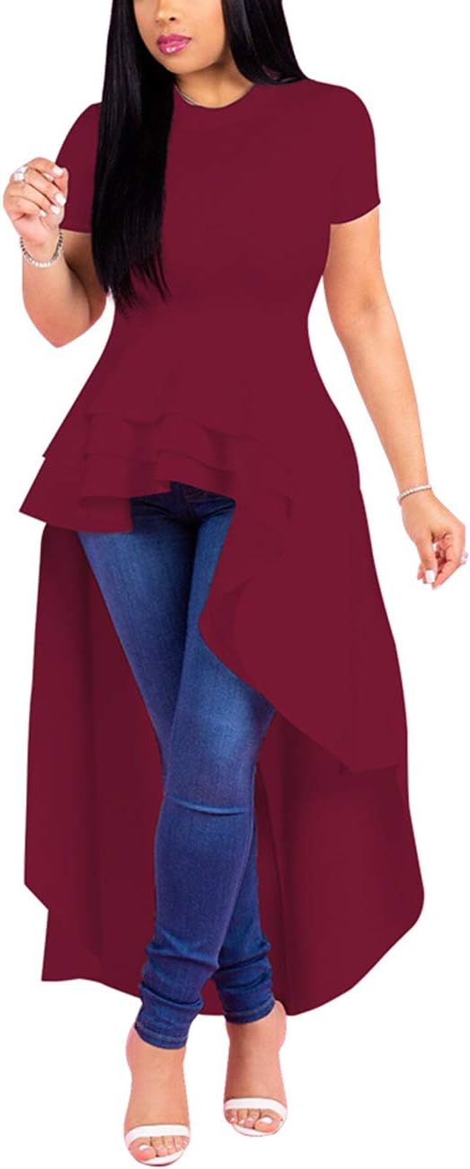 Lrady Womens Casual Shirt Dress High Low Irregular Ruffle Hem Blouse Asymmetrica...