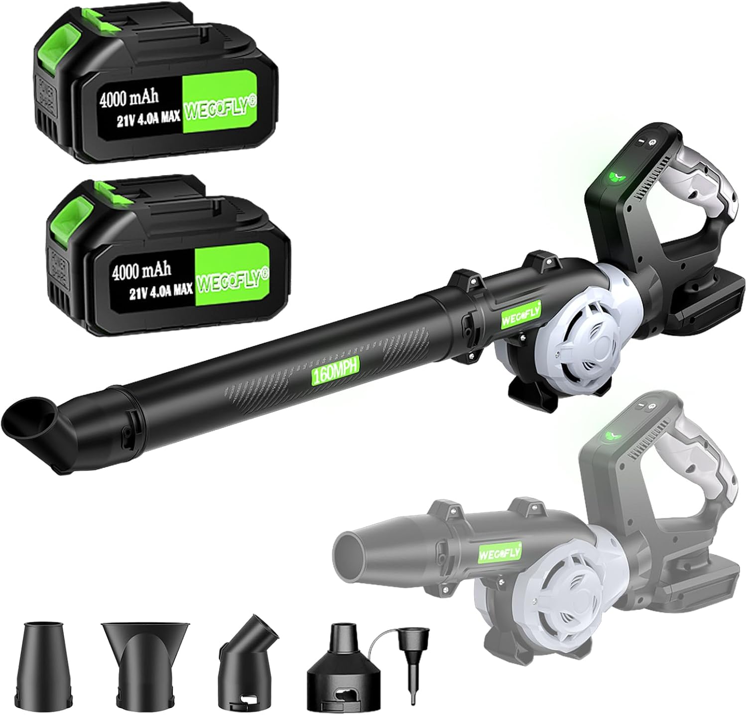 Cordless Leaf Blower, 2 x 21V 4.0Ah Battery and Charger, 3 Speed Mode, 450CFM/16...