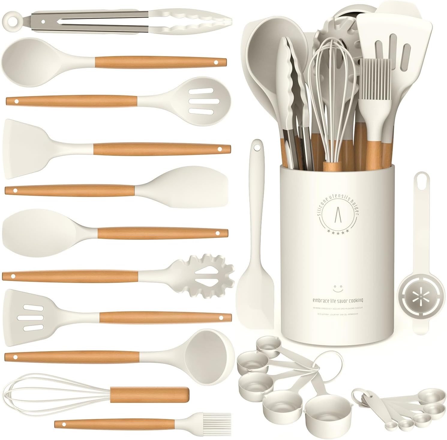 Silicone Cooking Utensils Set - Silicone Kitchen Utensils for Cooking Wooden Han...