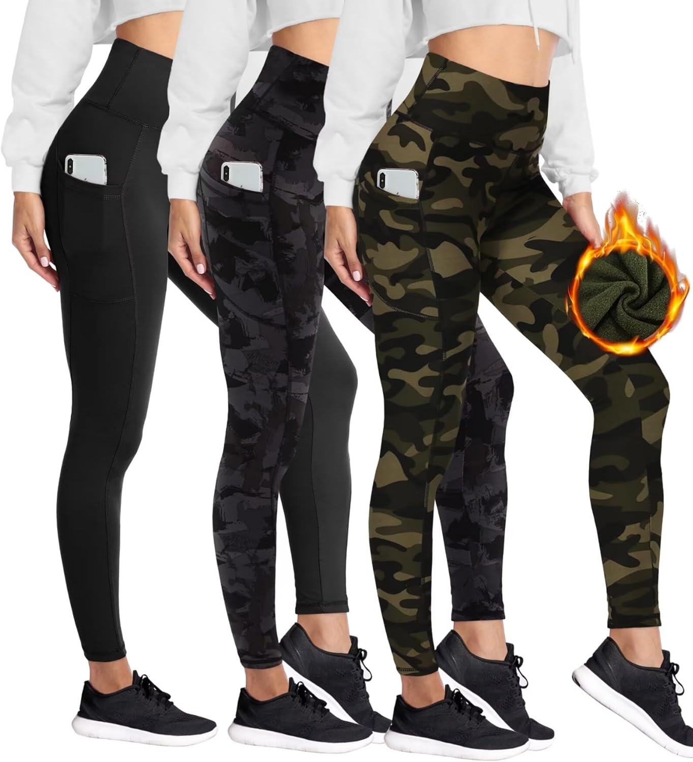 HIGHDAYS 3 Pack Women's Fleece Lined Leggings with Pockets - High Waist Winter T...
