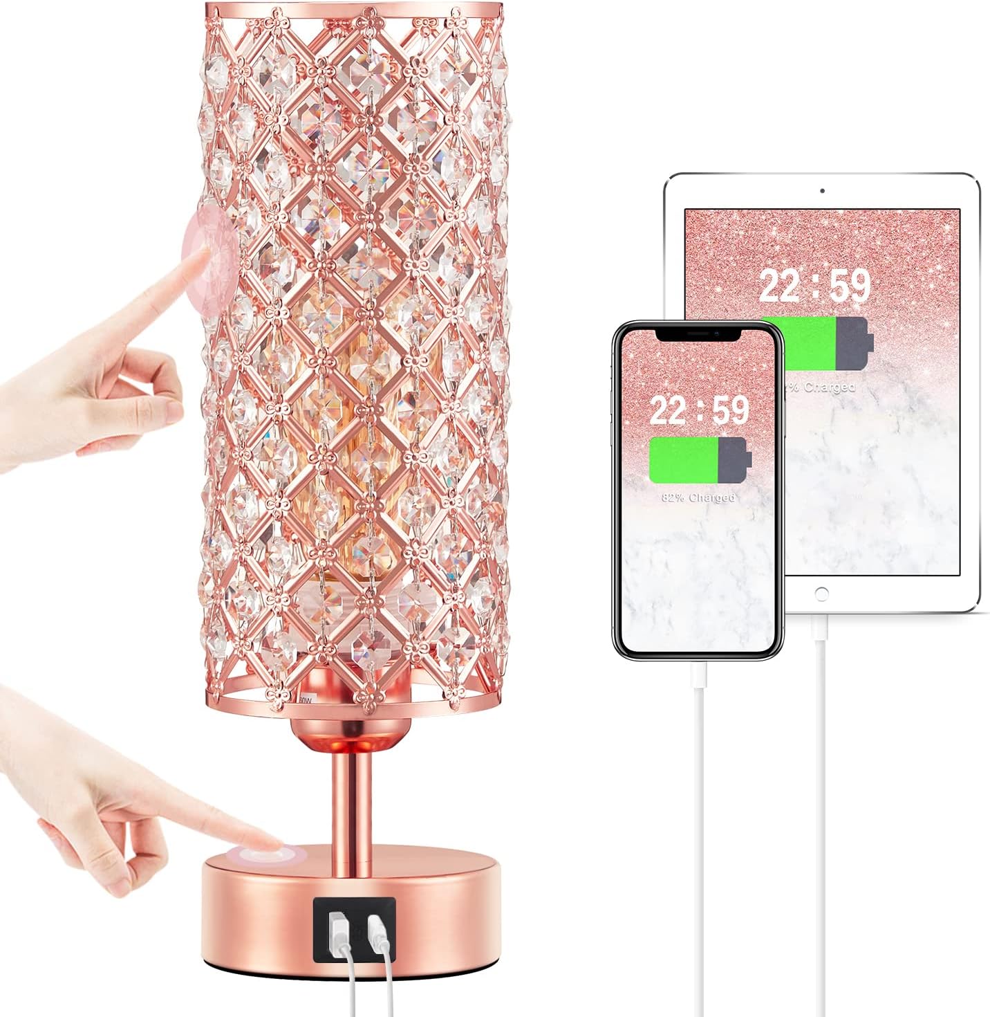 Hong-in Crystal Table Lamp, Rose Gold Lamp with USB C+A Ports, 3 Way Dimmable To...