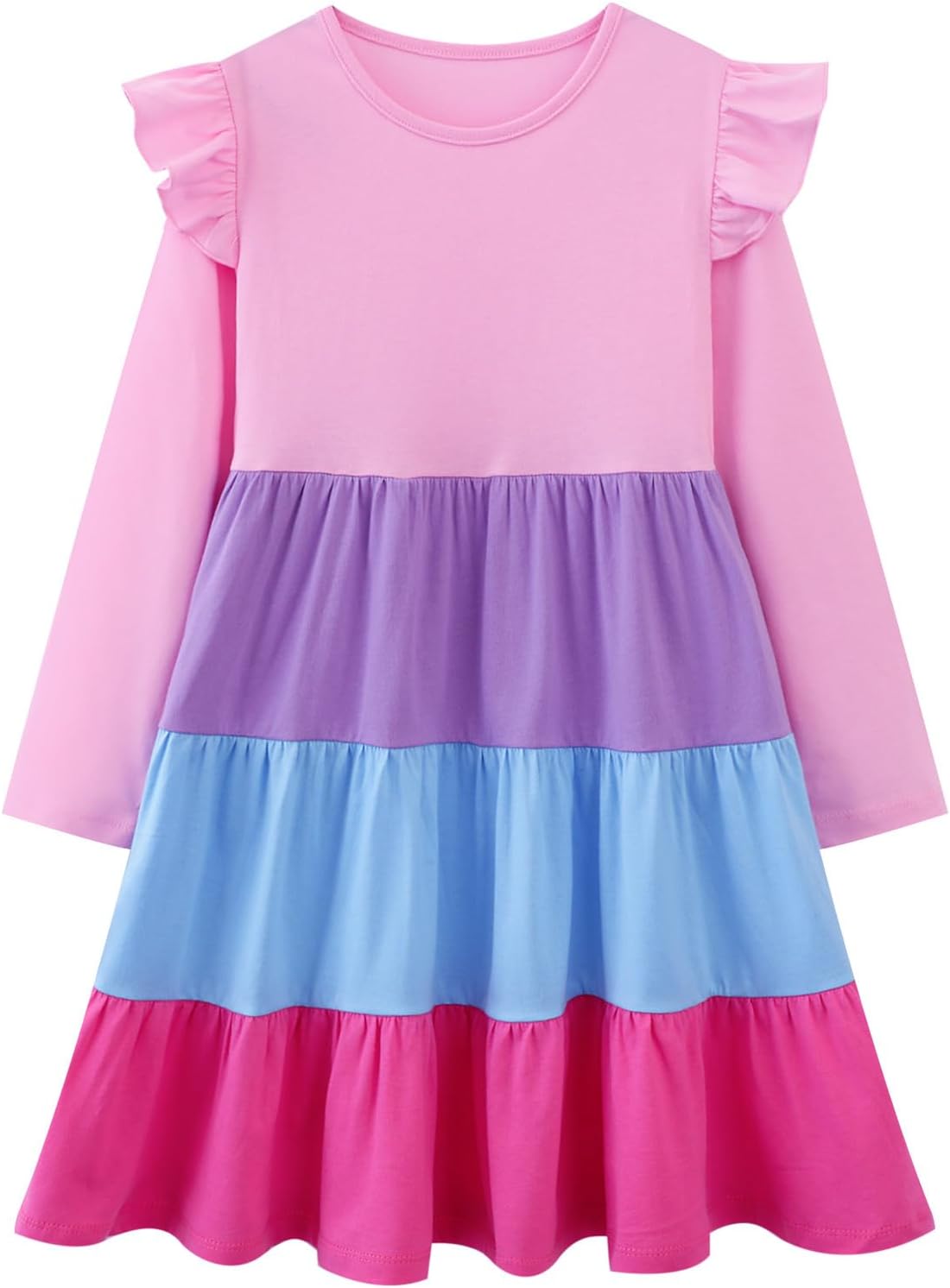 HILEELANG Girl Long Sleeve Dress Ruffle Solid Color Cotton Casual Tiered Pleated...