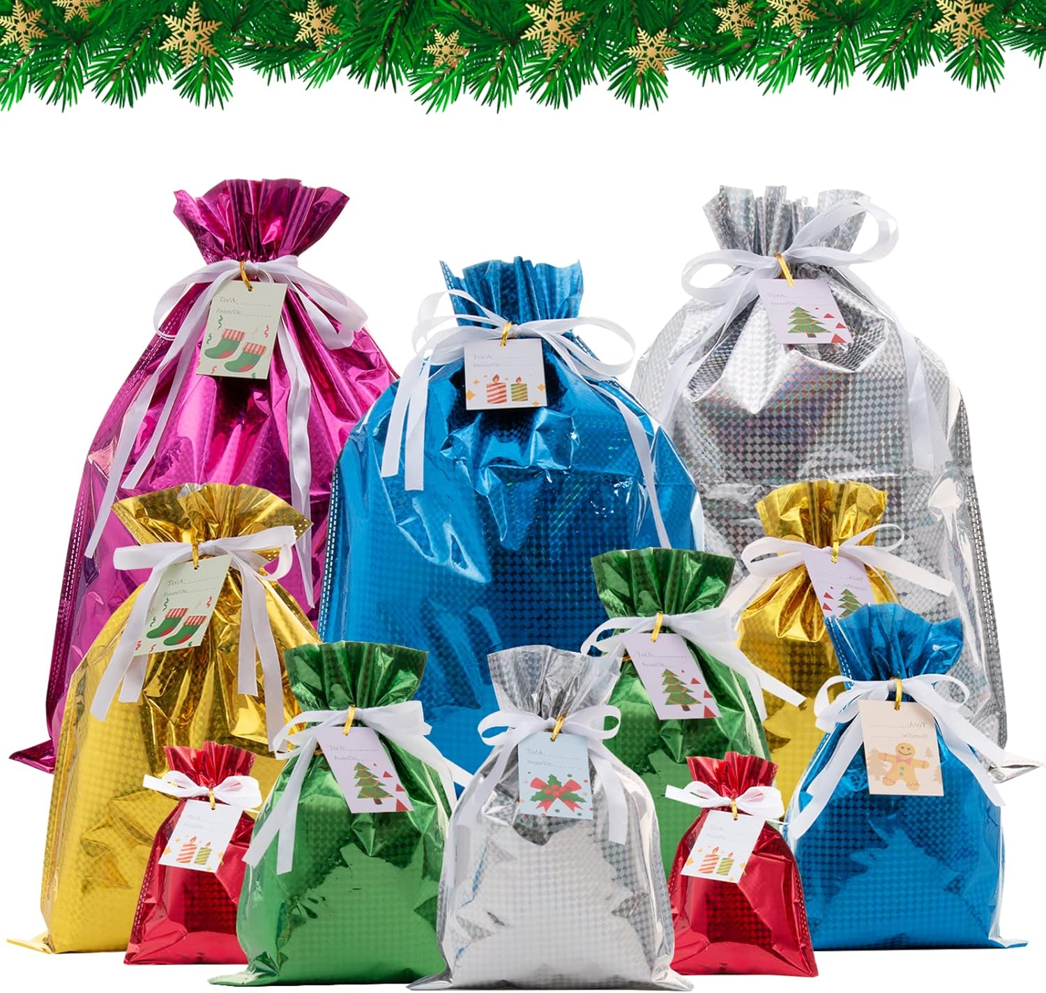 Christmas Drawstring Bags - 18 pcs Reusable Xmas Present Fast Wrapping Foil Bags...