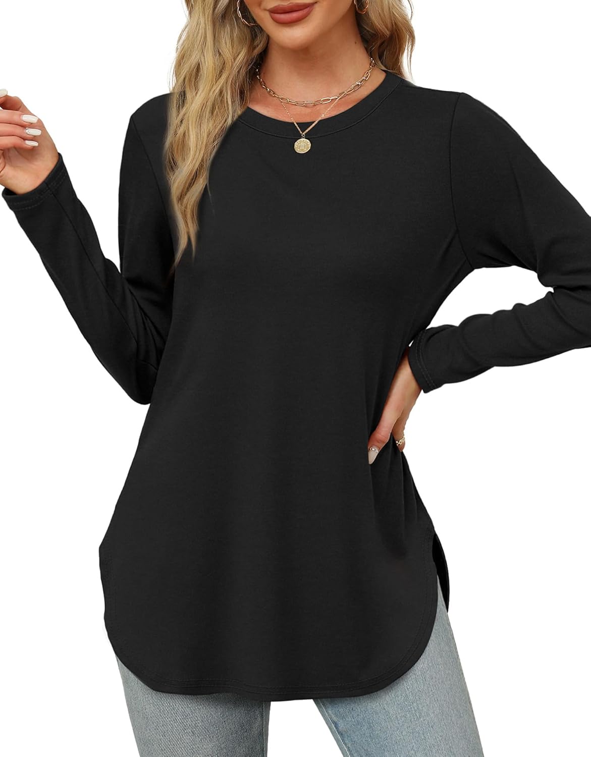 XIEERDUO Womens Long Sleeve Shirts, Special Round Neck Shirts with Side Split, U...