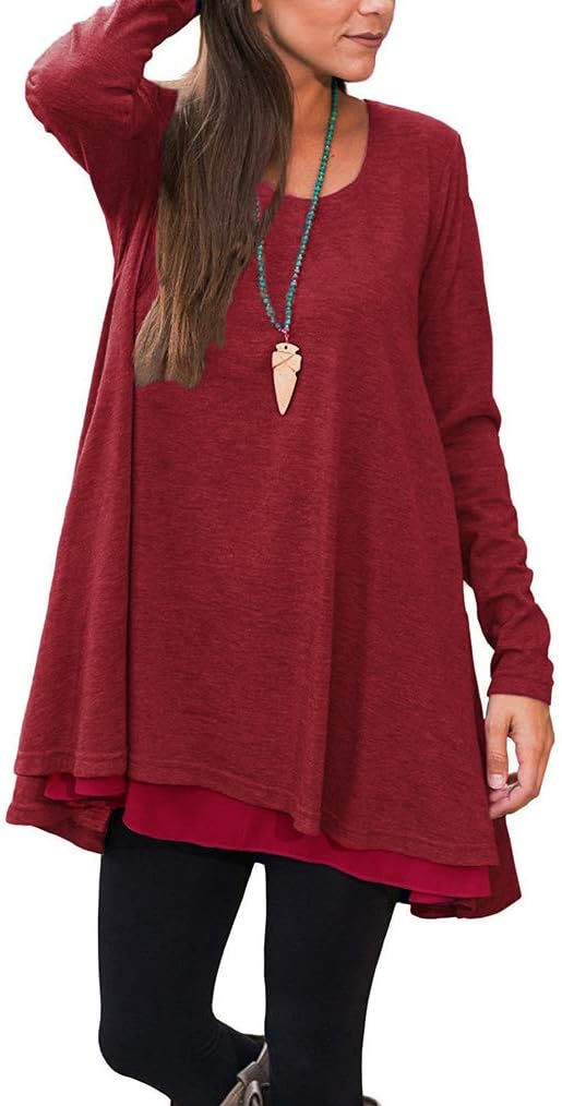 Poetsky Women's Long Sleeve Solid Color Tunic Tops Layered Chiffon Hem Casual Lo...