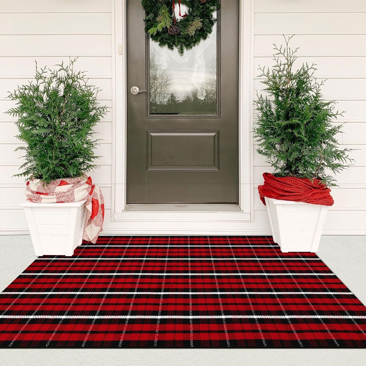 KIMODE Christmas Door Mat, Special Outdoor Mat With Red and Black Buffalo Plaid...