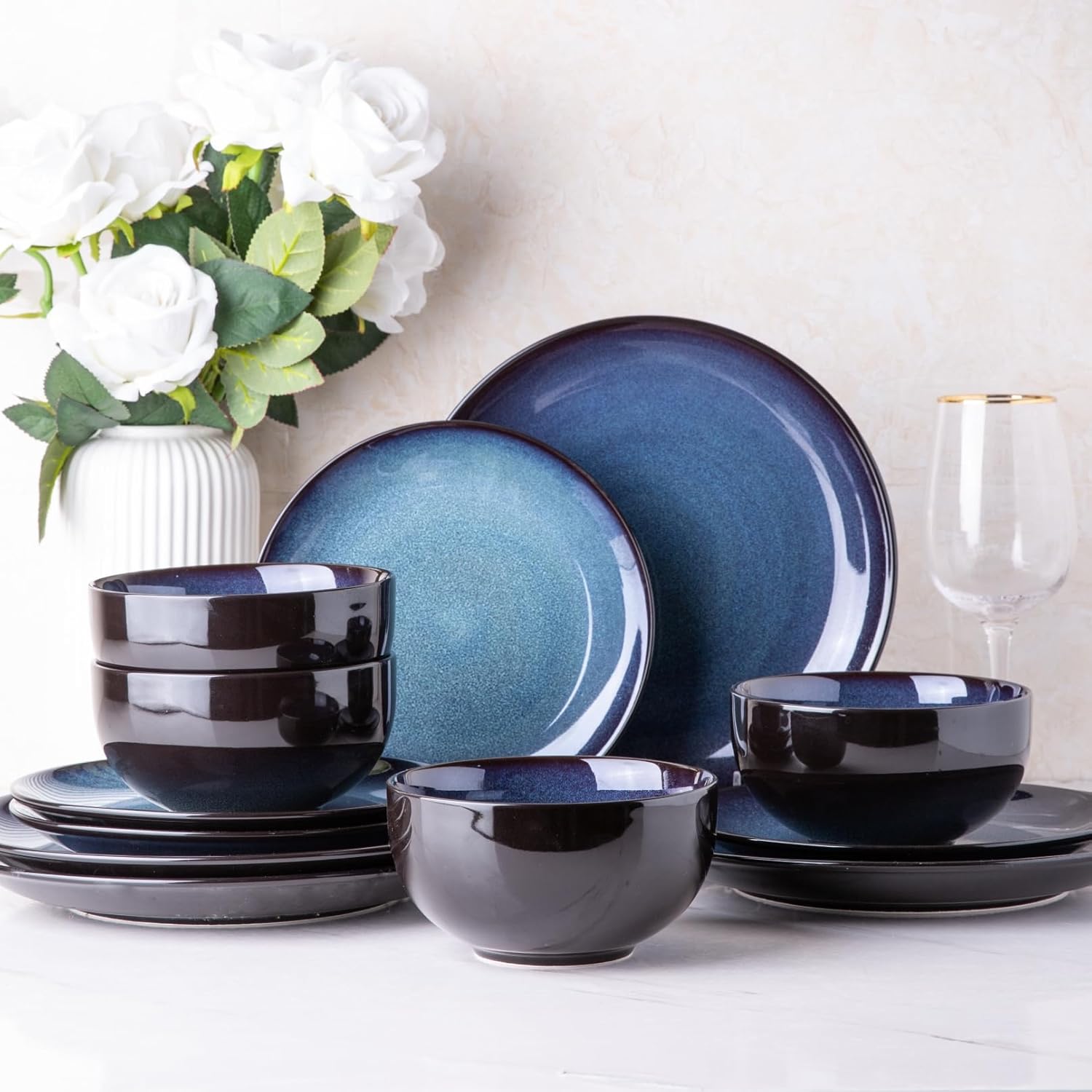 Ceramic Dinnerware Sets,Stoneware Coupe Plates and Bowls Sets,Highly Chip and Cr...