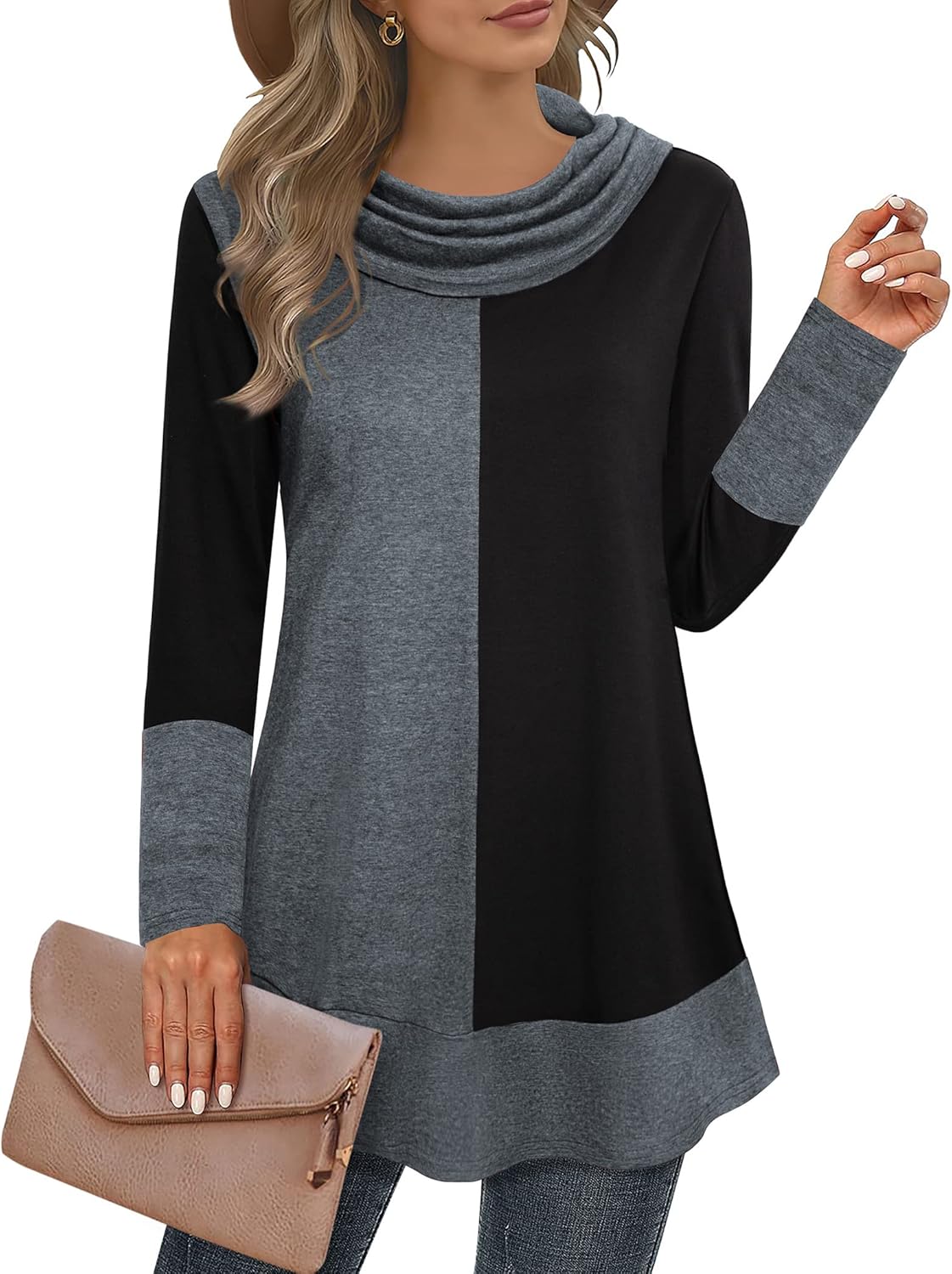 Youtalia Women's Hoodie Sweatshirt Long Sleeve Cowl Neck Pullover Color Block Th...