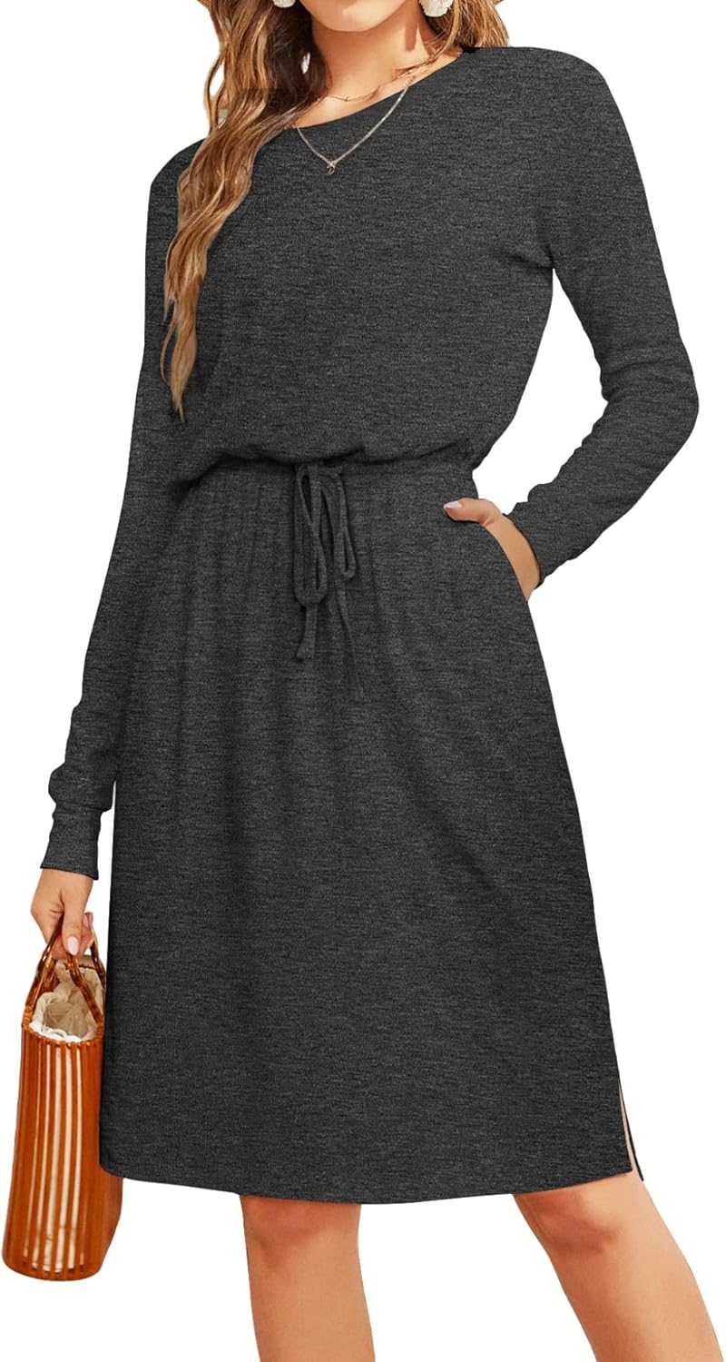 Simier Fariry Women Fall Long Sleeve Hide Belly Knee Casual Dress with Pockets S...