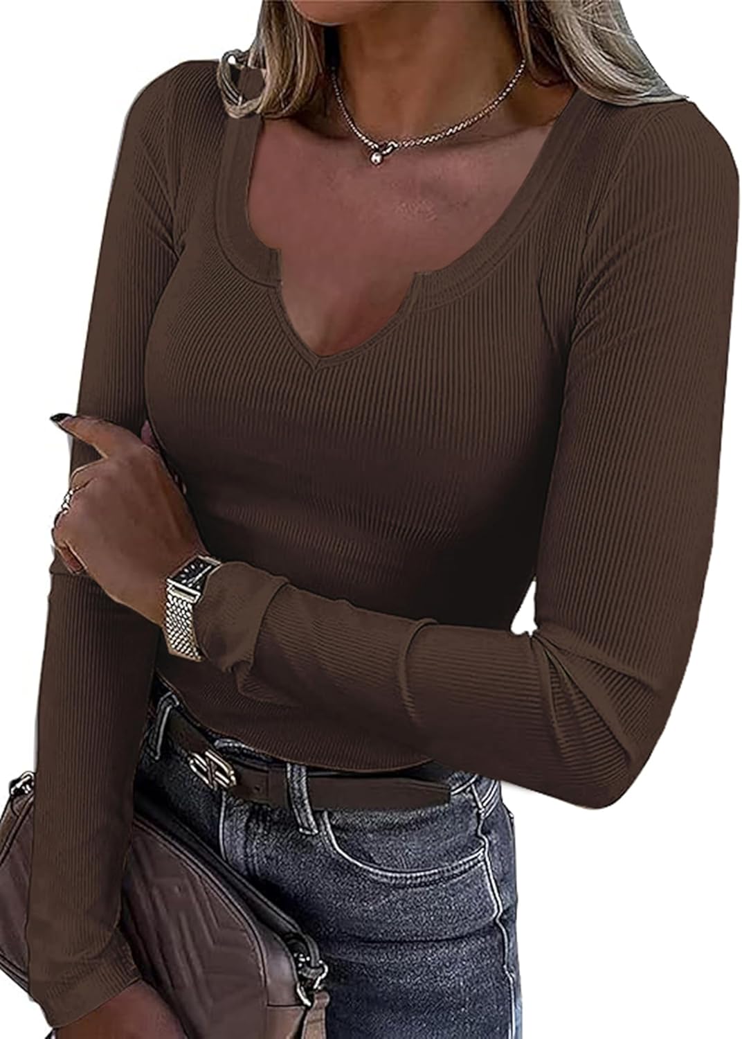 Roselux Women V Neck Shirt, Special Ribbed Long Sleeve Shirt, Stylish Fitted Bas...