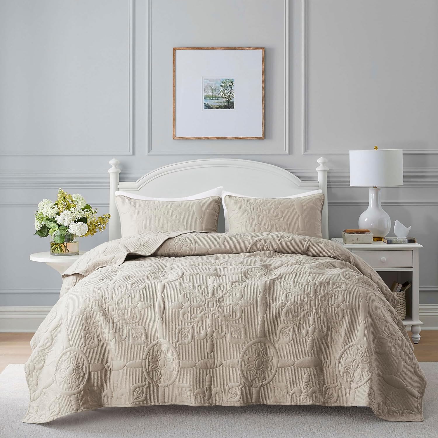 B2EVER 3-Piece Queen Quilt Set - Beige Boho Quilted Bedding with Pillow Shams, L...