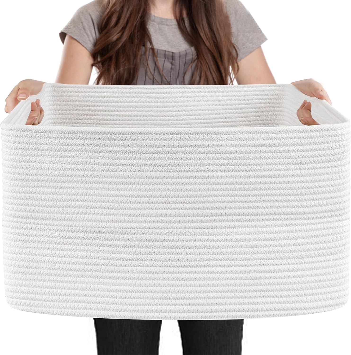 Extra Large White Storage Basket, 23.6" x 17" x 12" Rectangle Blanket Basket Liv...