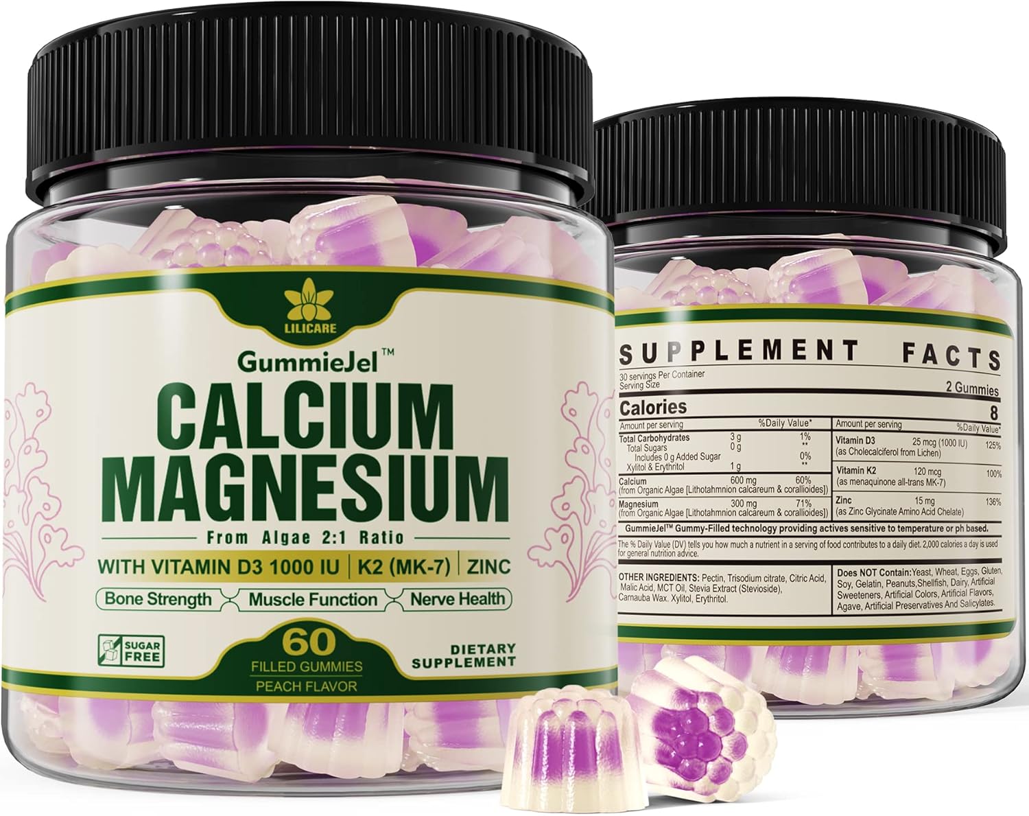 Plant Based Calcium Supplement 600mg with Vitamin D3 K2, Zinc for Bone Strength,...