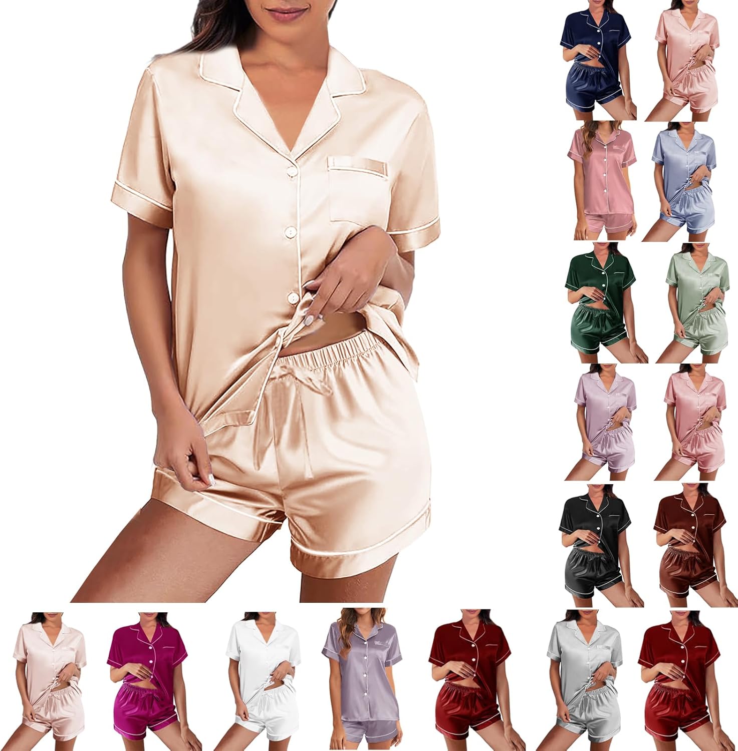 Womens Silk Satin Pajamas Loungewear Two-Piece Sleepwear Button-Down Floral Pj S...