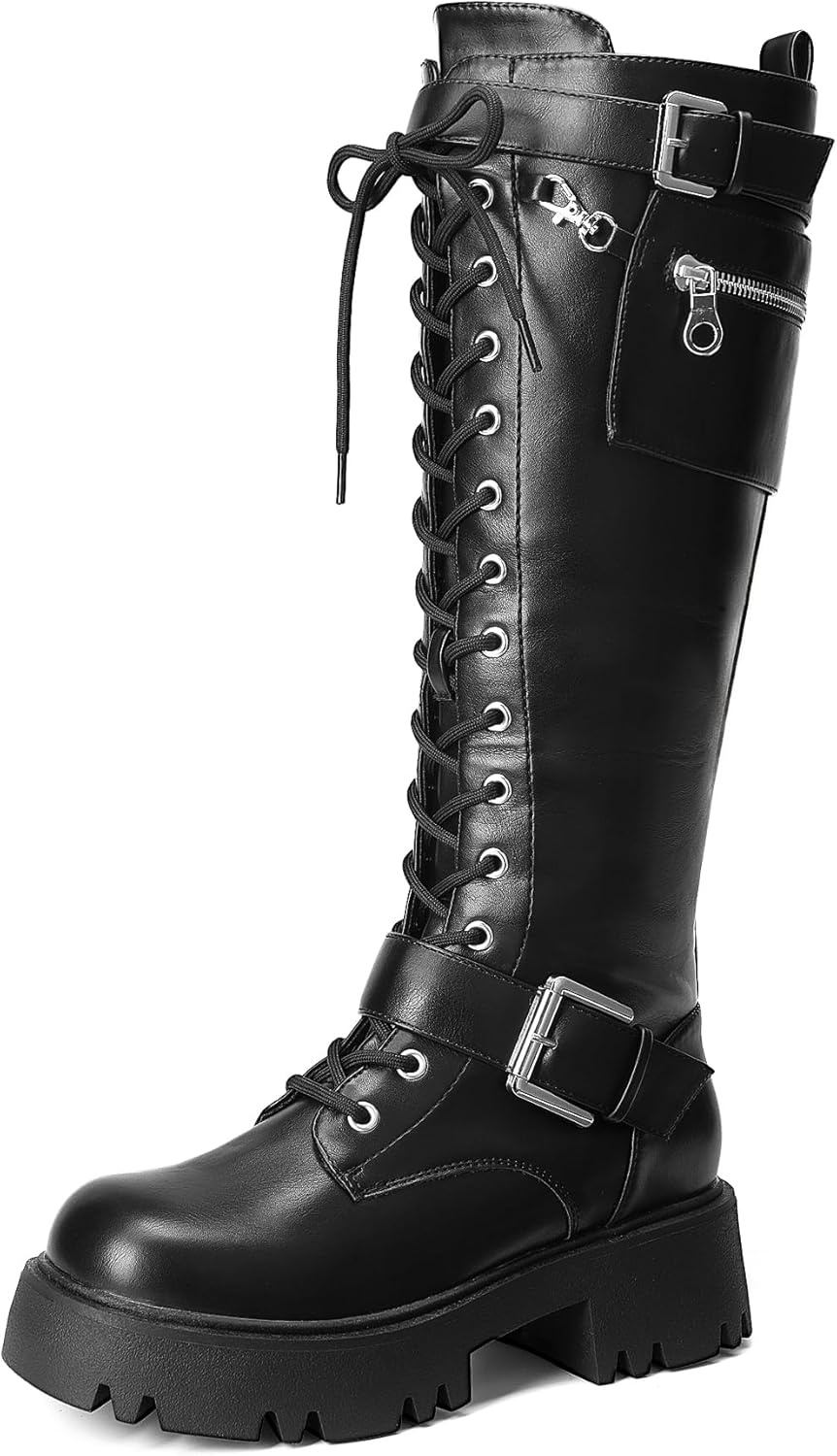 DREAM PAIRS Women's Combat Riding Platform Boots, Unique Knee High Boots with La...